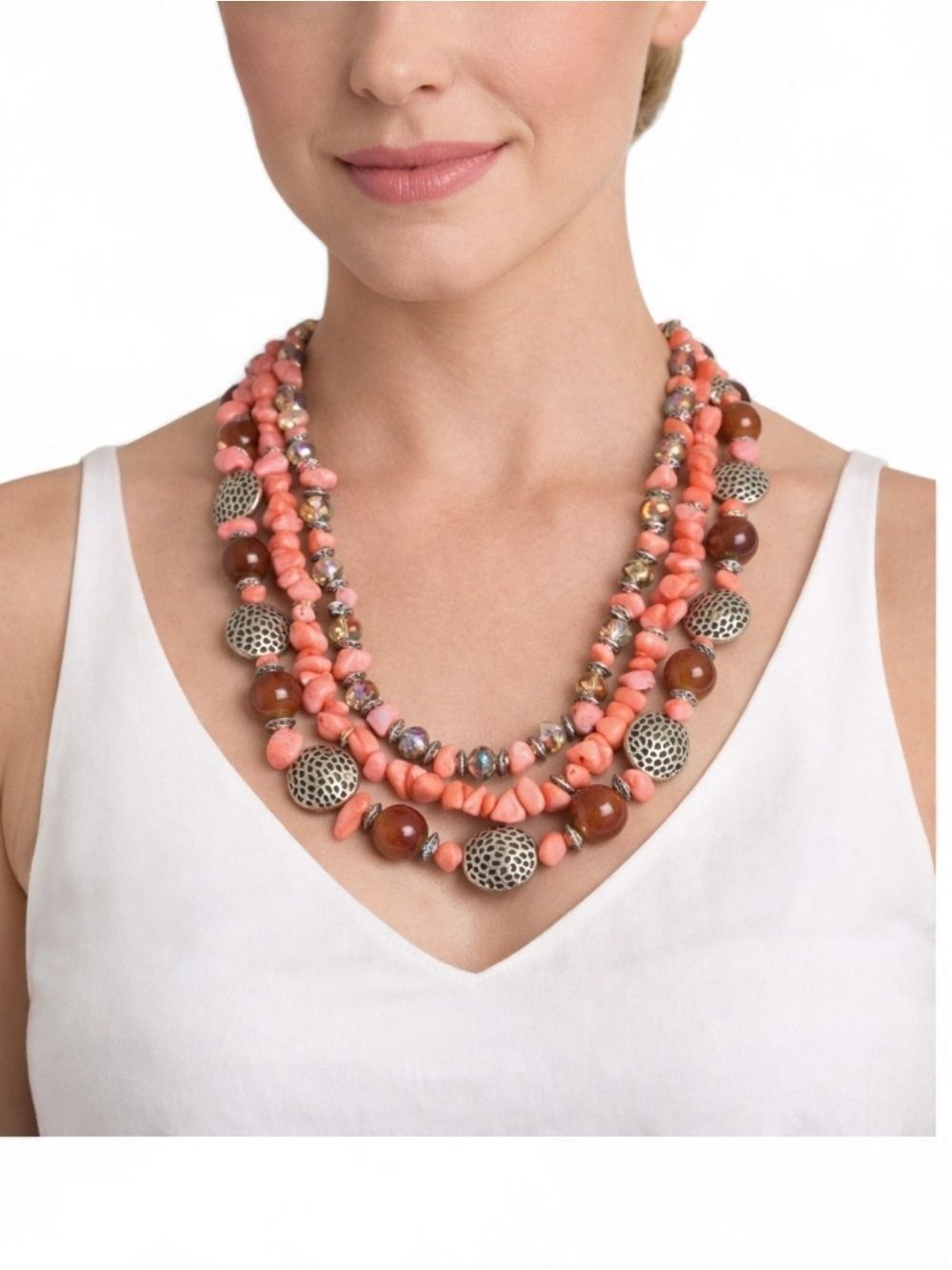 Coral Beads Silvee Medallion 3-Tier Statement Necklace Adjustable 9" Drop